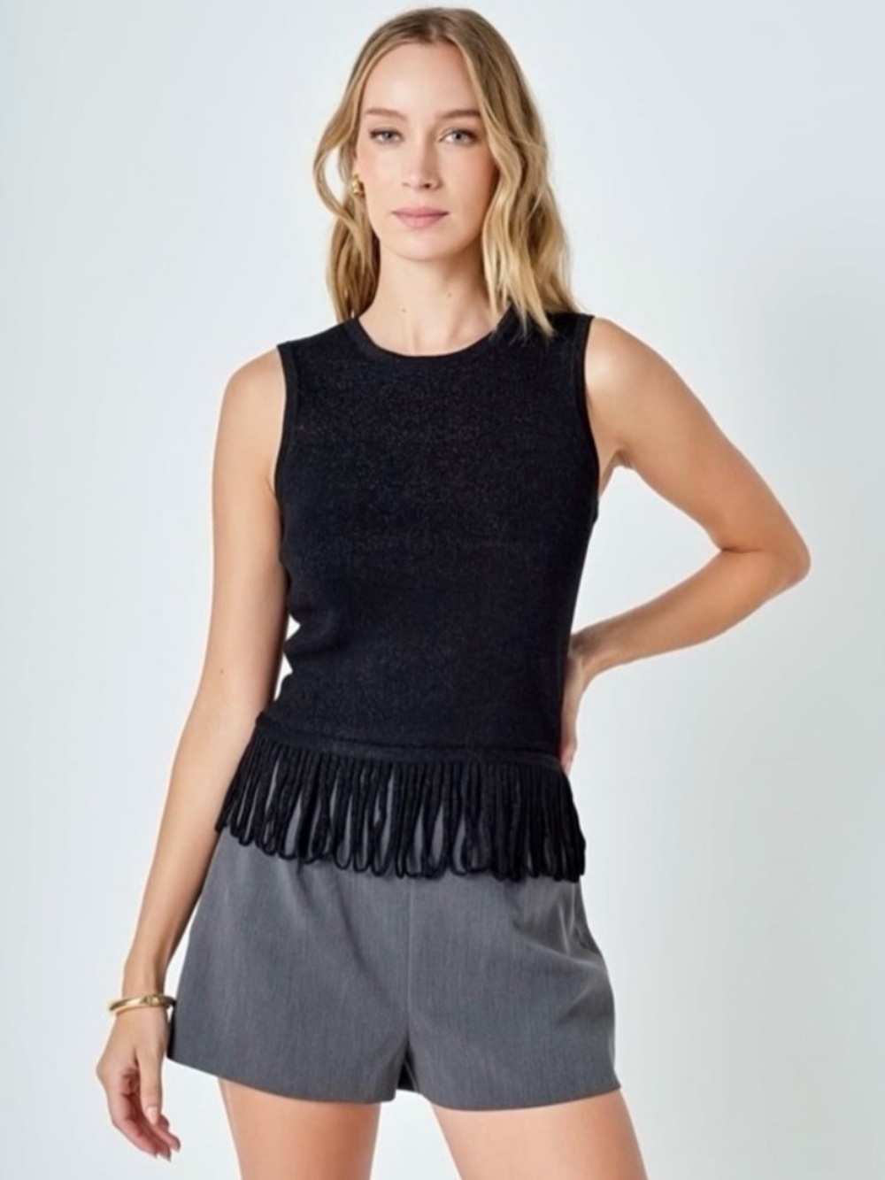 Endless Rose Metallic Knit Fringe Tank Size S